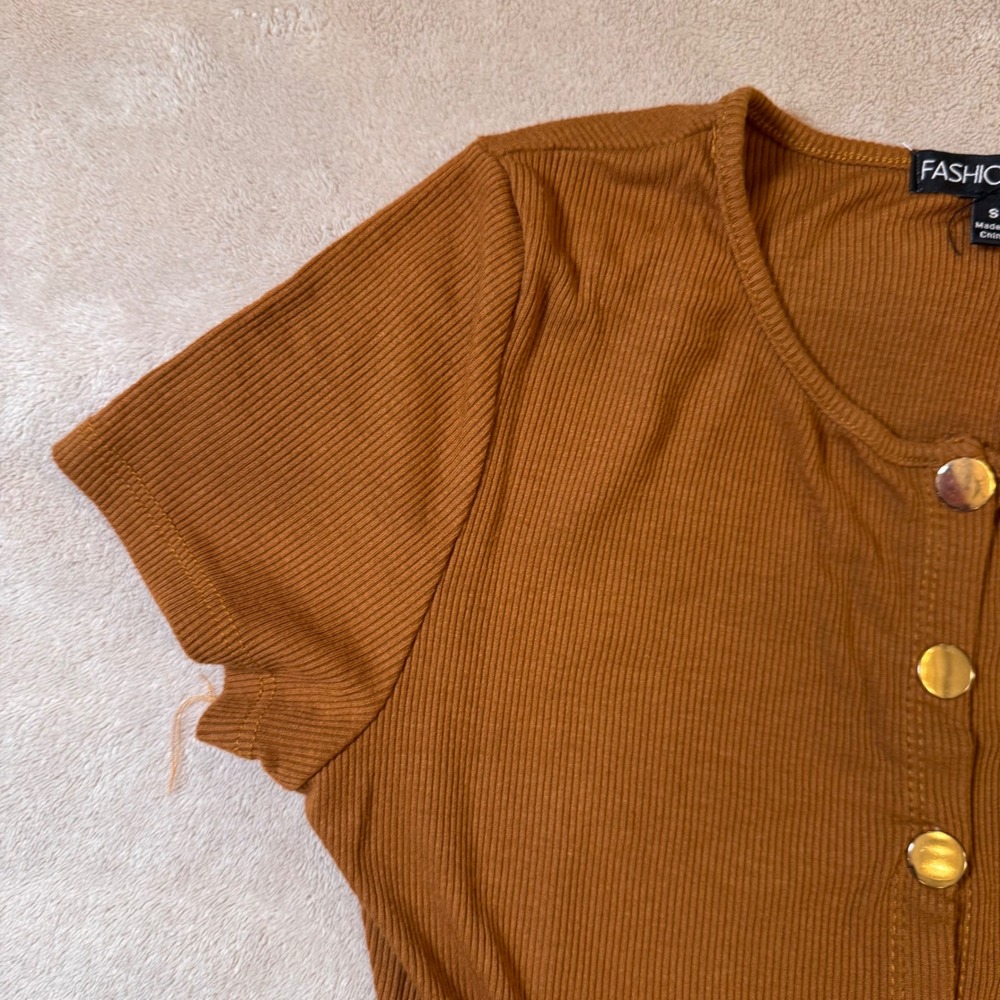 Fashion Nova Rust Ribbed Knit Button Down Short Sleeve Bodycon Midi Dress Sz S - Picture 5 of 12